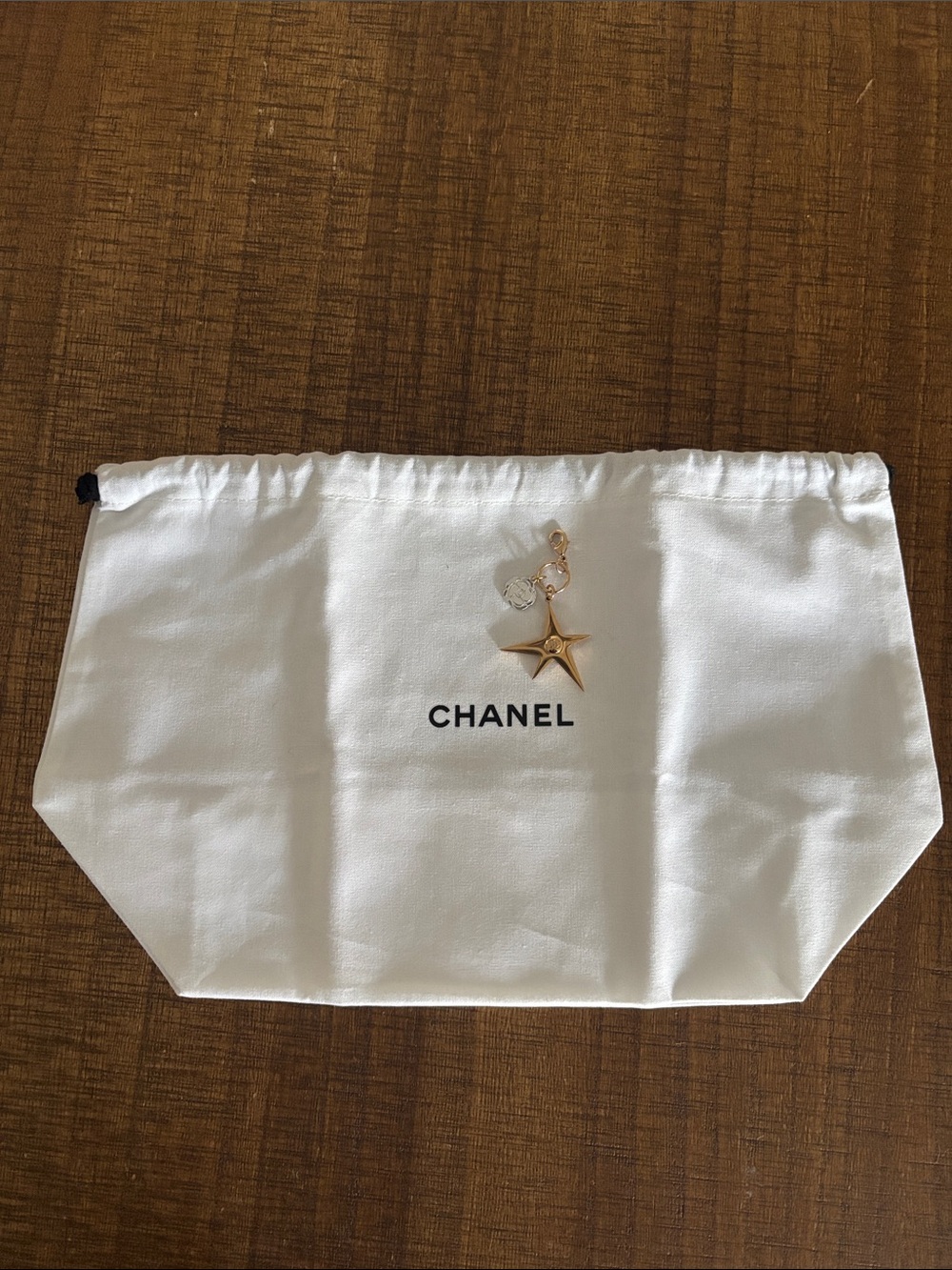 CHANEL White Drawstring Dust Bag with Gold Star Charm NWOT